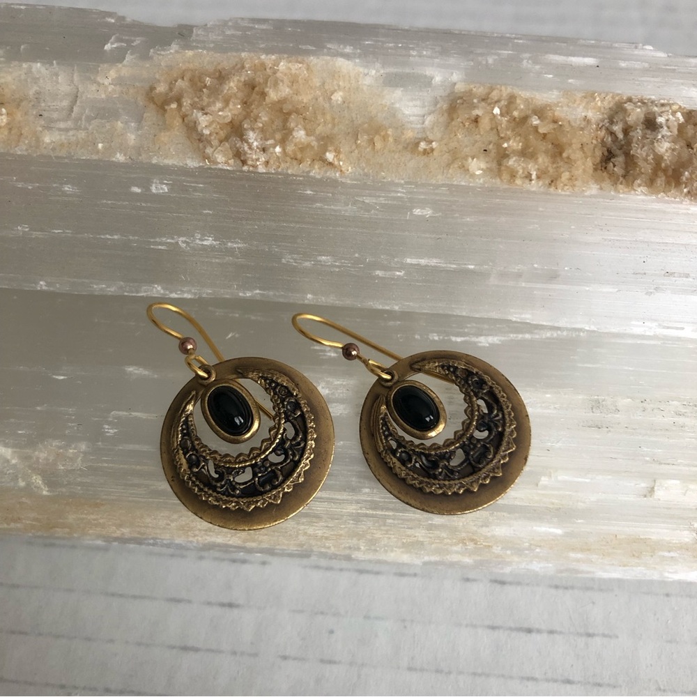 3/$15 Vintage Style Round Dangling Earrings Gold Toned and Black